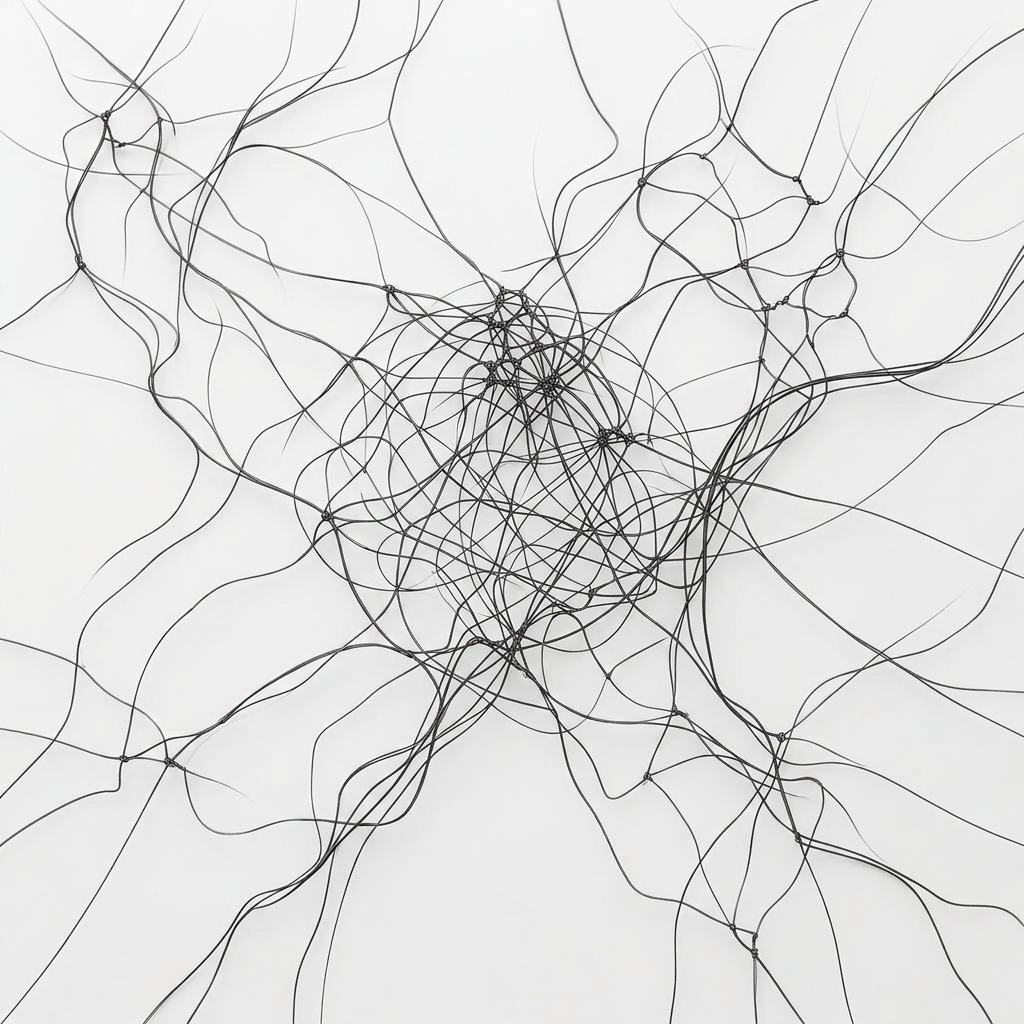 Interwoven multicolored light strands and nebulous shapes on a dark background