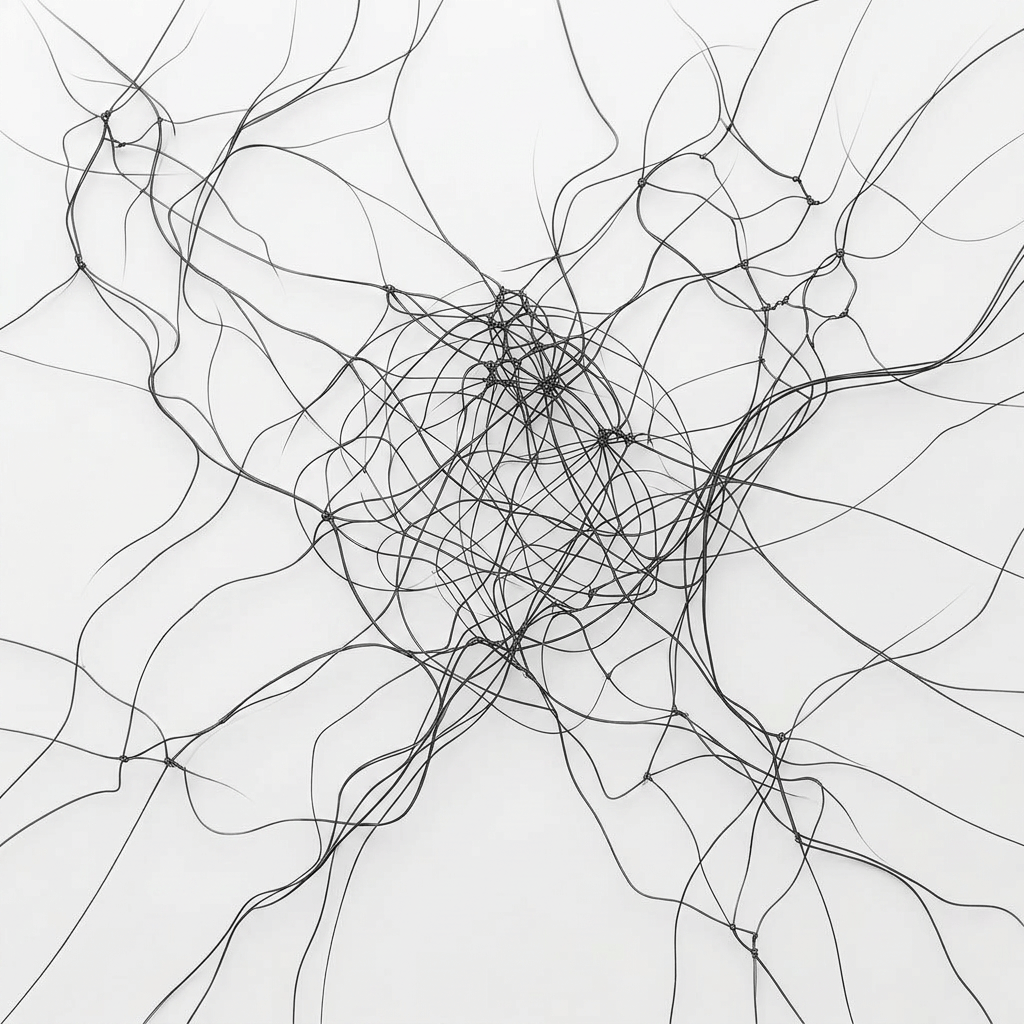 Interwoven multicolored light strands and nebulous shapes on a dark background